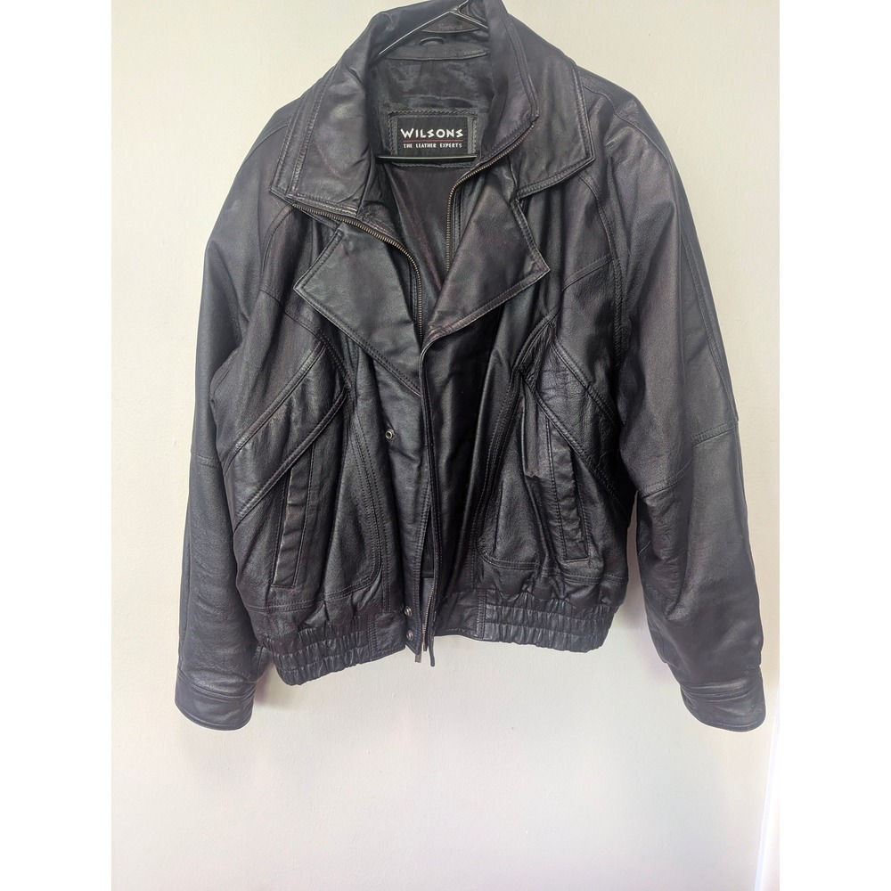 Wilsons Leather Bomber Jacket Mens XL Black Good Vintage Moto Zip Up